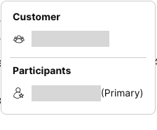 Secondary agent participant menu showing Customer and Participants sections and a Primary marker, without Drop actions; identifying details are redacted.