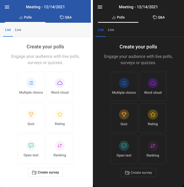 Slido app adpating to light and dark color themes in Webex app