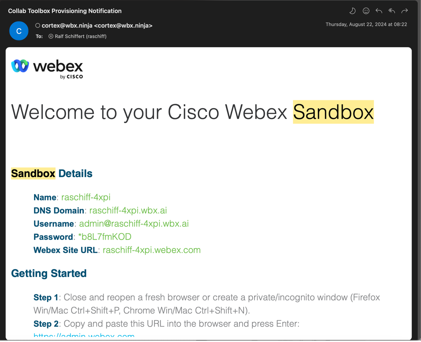 Sample welcome email for your new sandbox