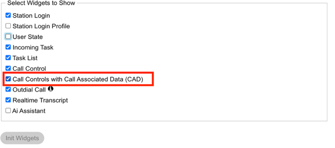 React Widgets sample with Call Controls with Call Associated Data (CAD) selected in the widget list.