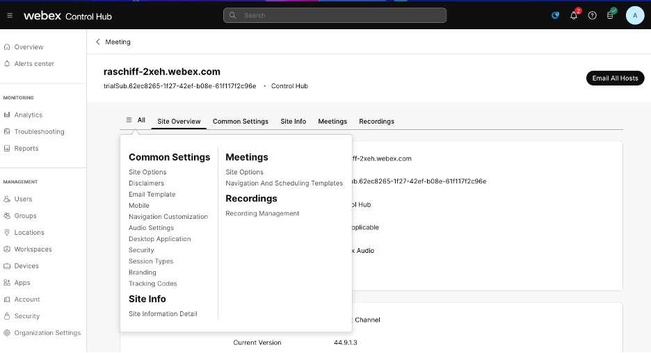 Site Configuration in Control Hub. Sites -- All - Select Security.