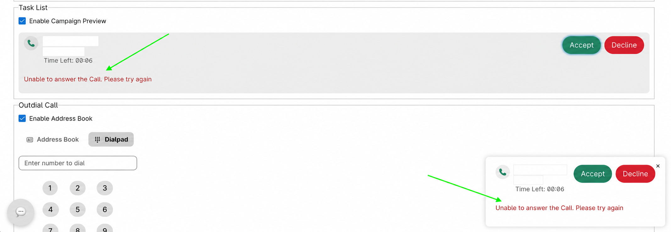 Incoming task card showing the unable-to-answer error and retry message