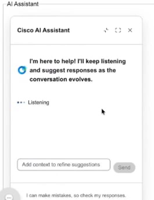 Cisco AI Assistant panel in Listening mode during an active customer interaction.