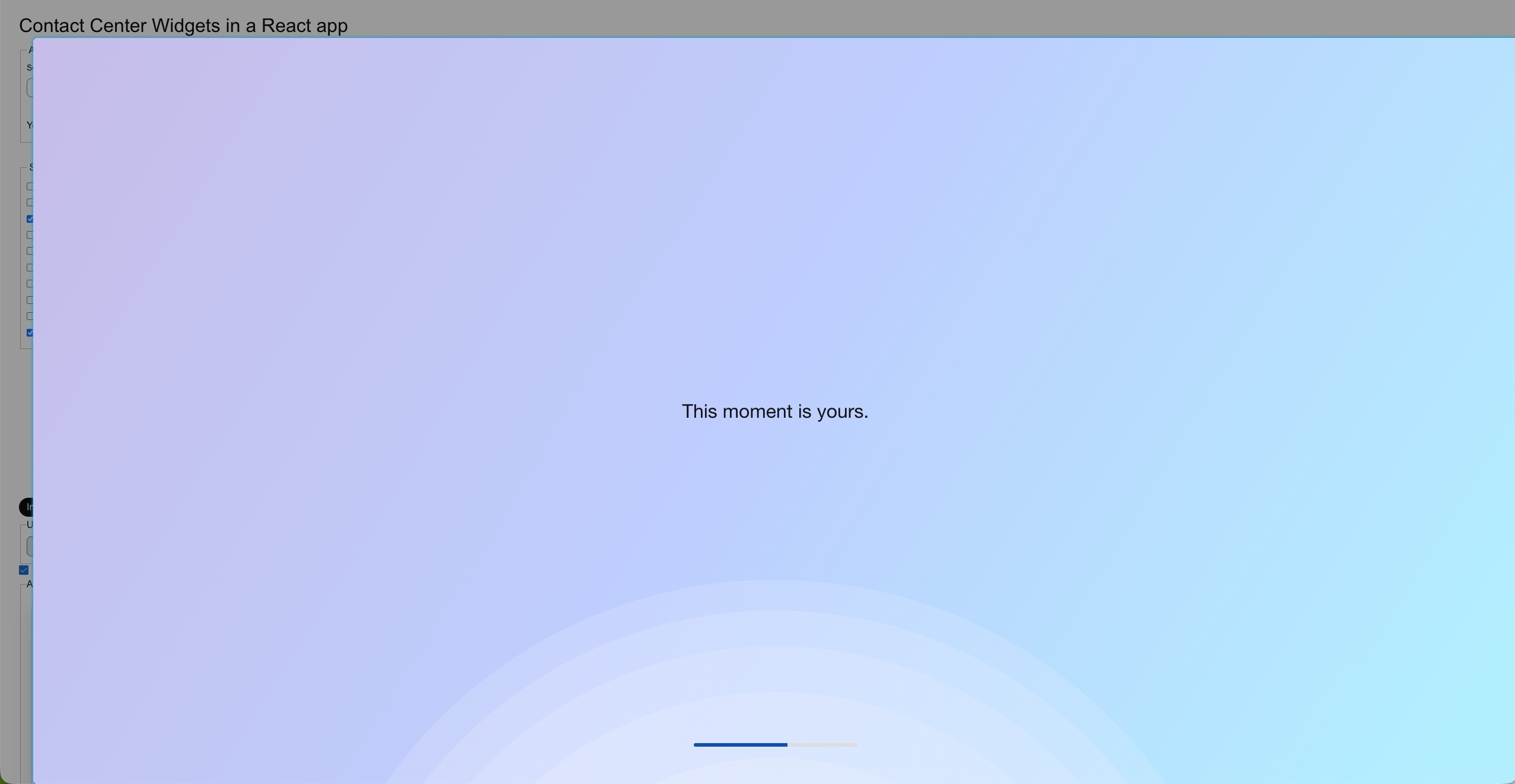 Wellness break overlay over the React sample app with a progress indicator.