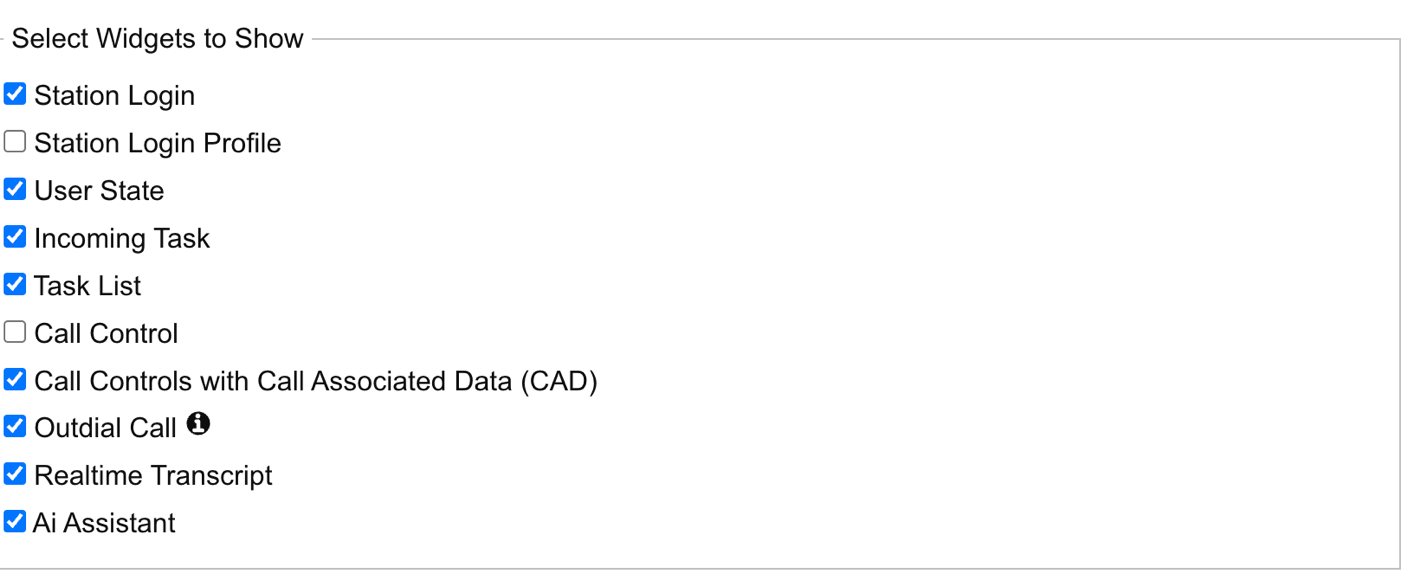 Webex Contact Center Widgets sample application with AI Assistant selected in the list of widgets to show.