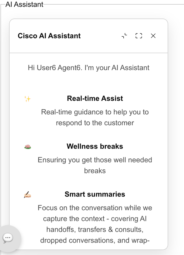 Cisco AI Assistant landing experience showing Real-time Assist, Wellness breaks, and Smart summaries before an interaction starts.