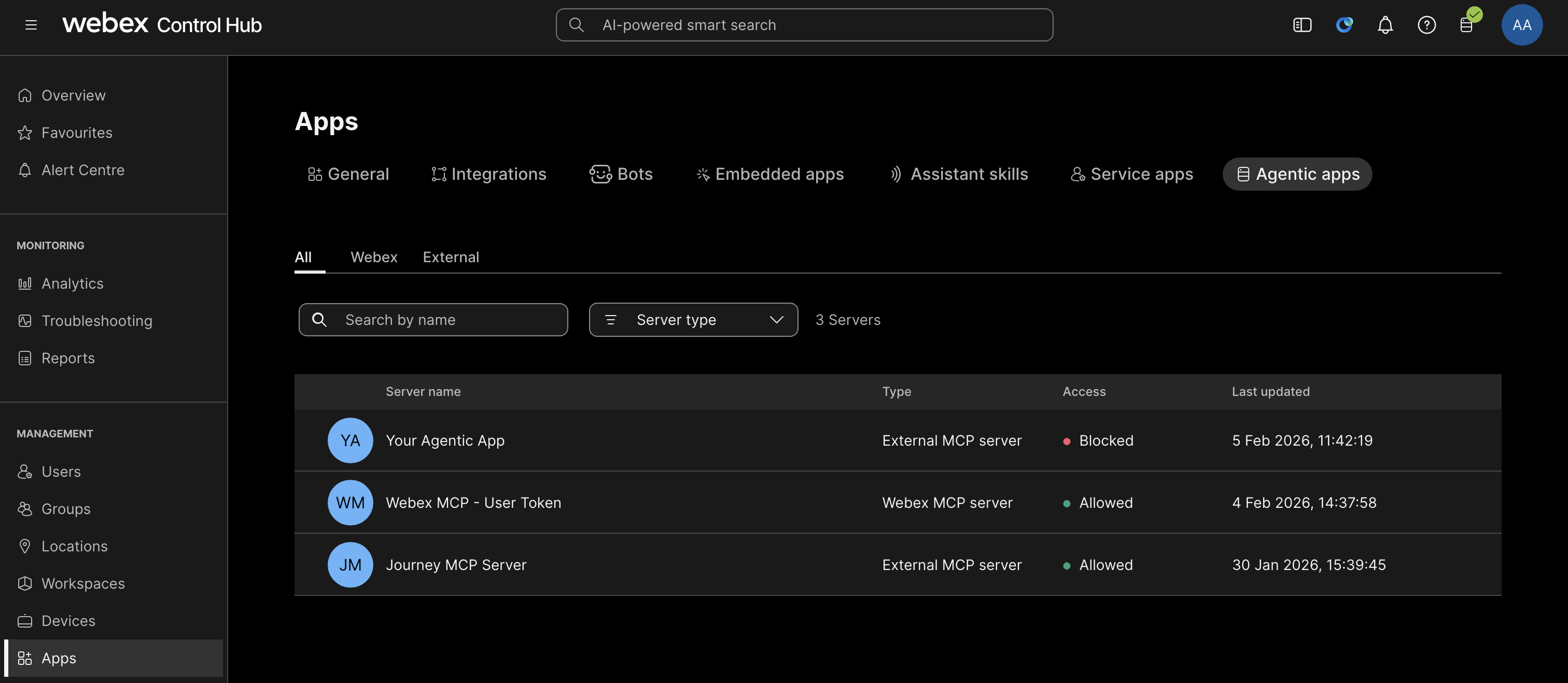 Control Hub Agentic Apps Page