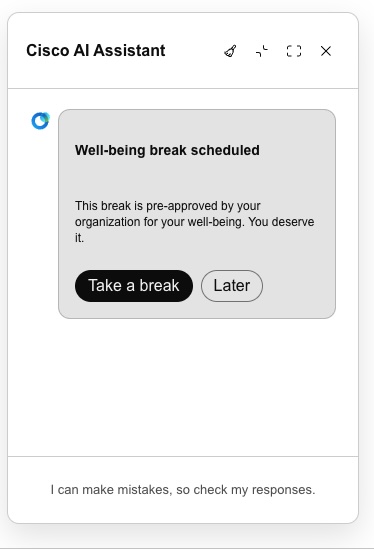 Well-being break scheduled card with Take a break and Later buttons.