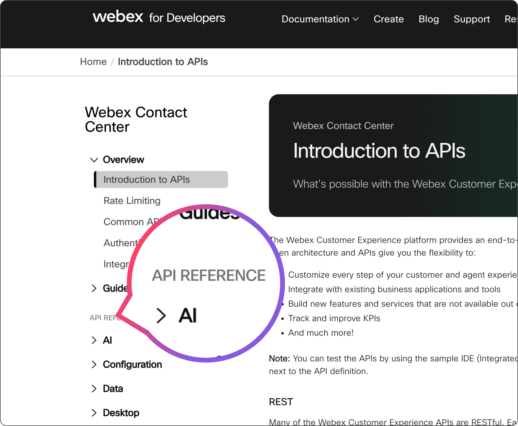 Example of API reference header in left nav