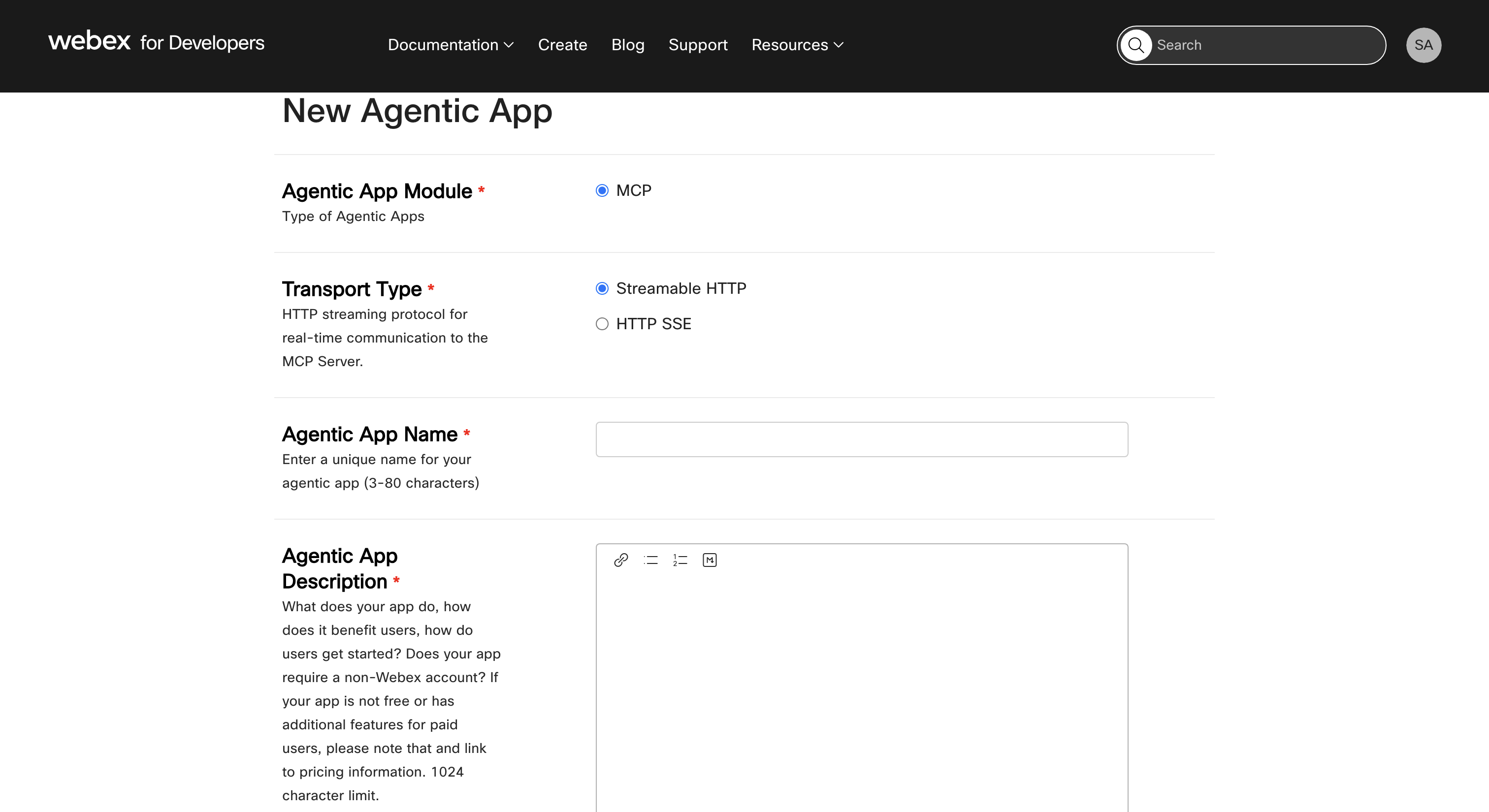 Agentic App registration form