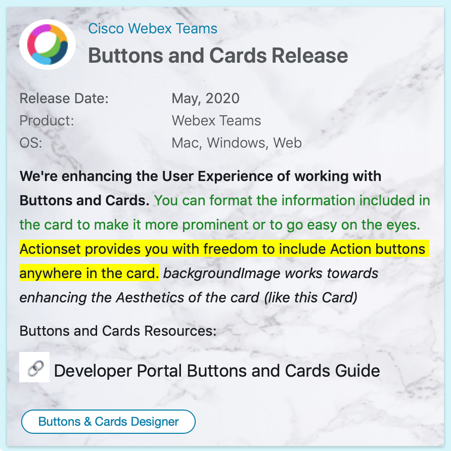 screenshot of Webex Card with rich text styling and background image