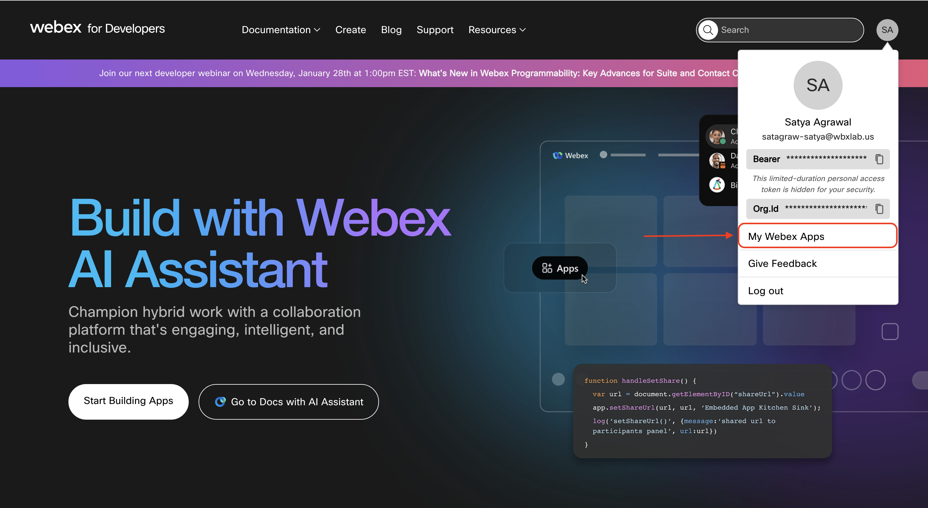 My Webex Apps dropdown