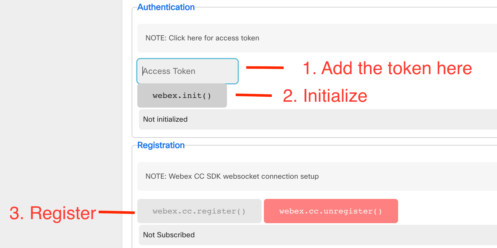 Contact Center SDK sample showing the Access Token field, webex.init button, and webex.cc.register button in sequence.