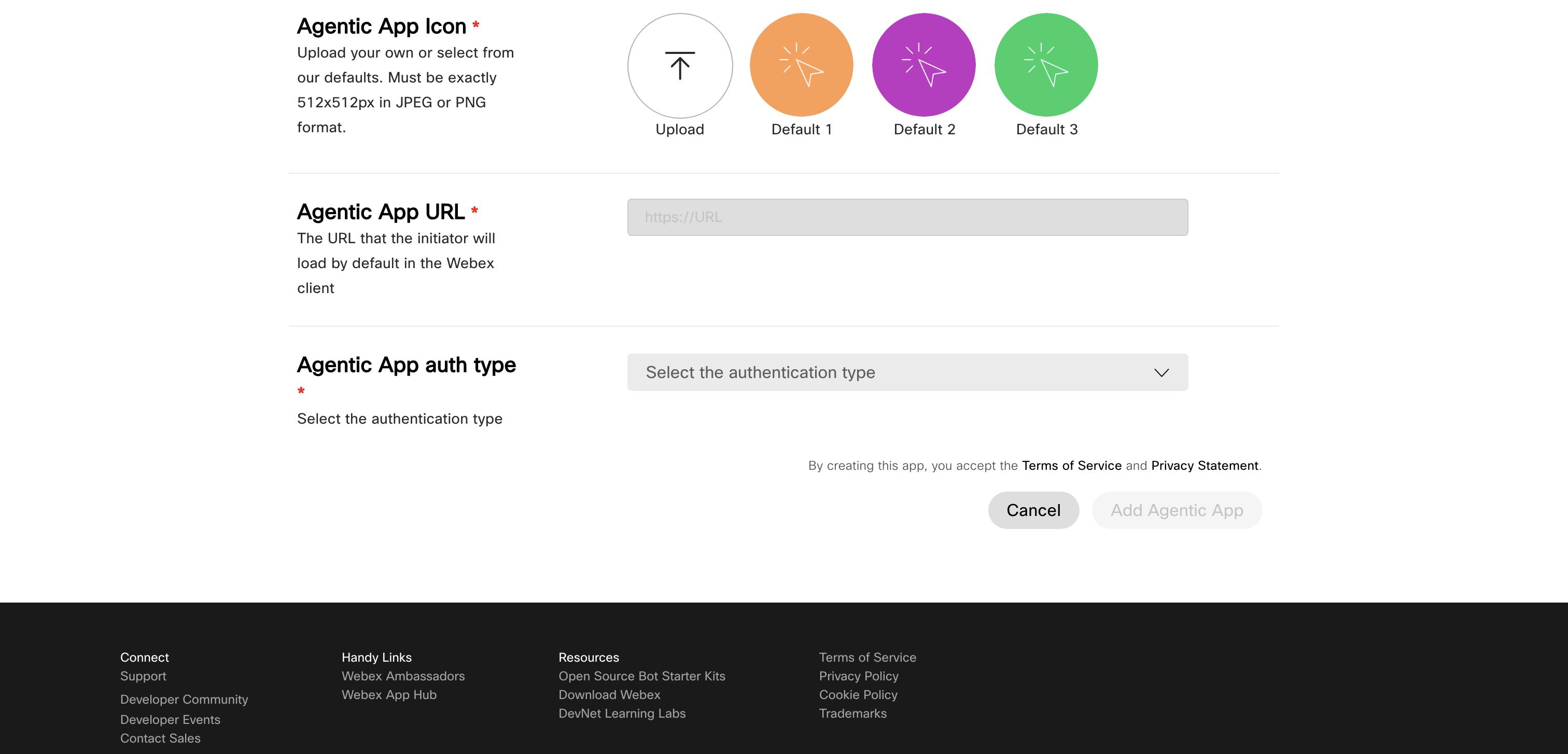 Agentic App registration form continued