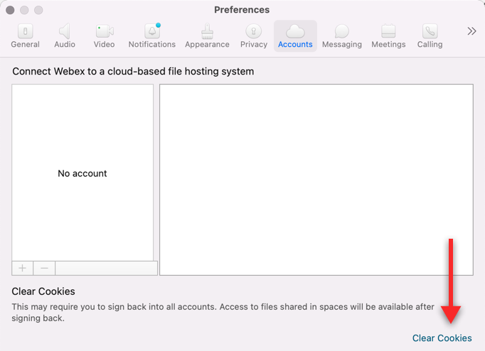 Clear cookies button in Webex preferences
