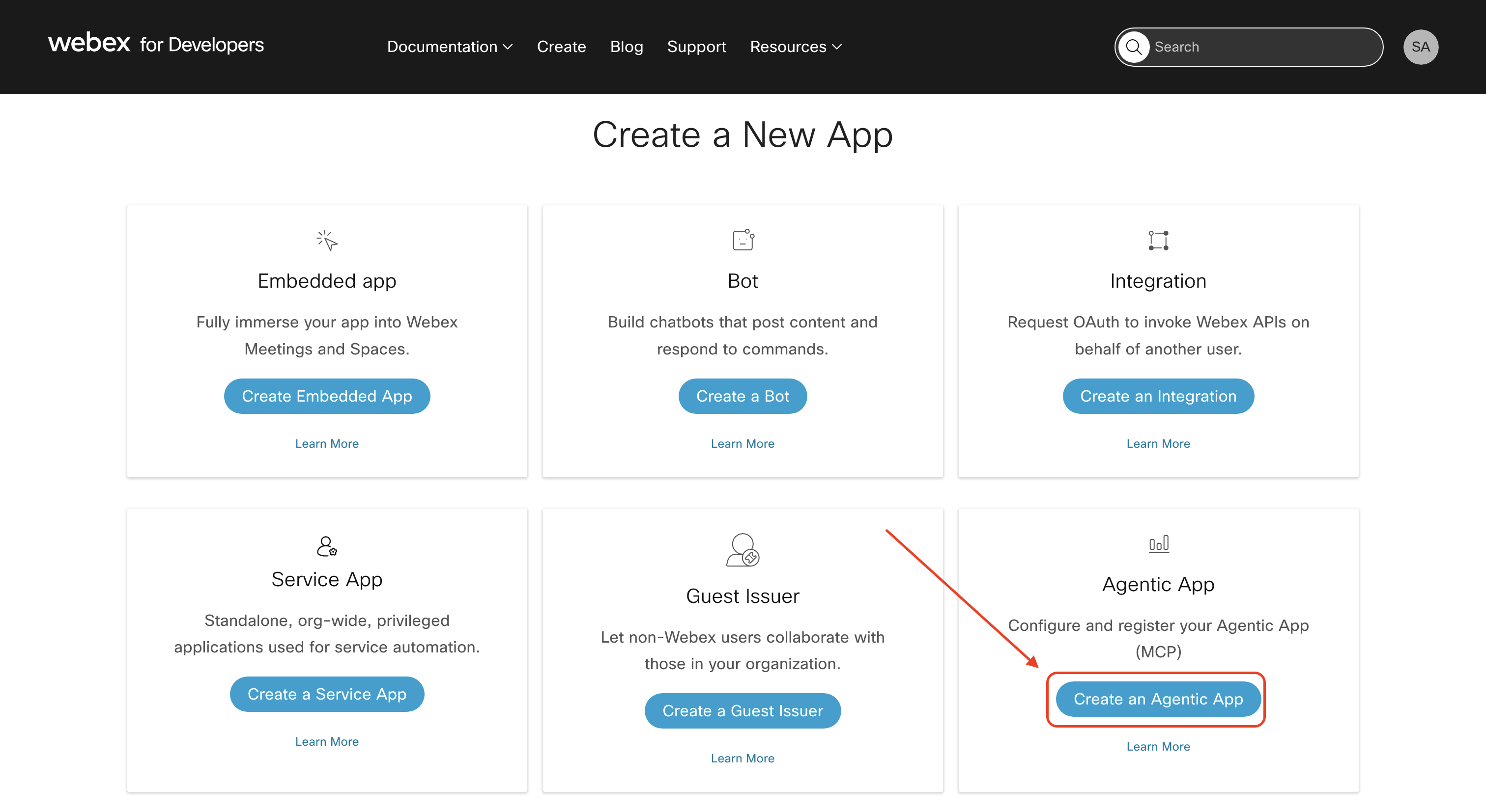 Create Agentic App option in the app overview page