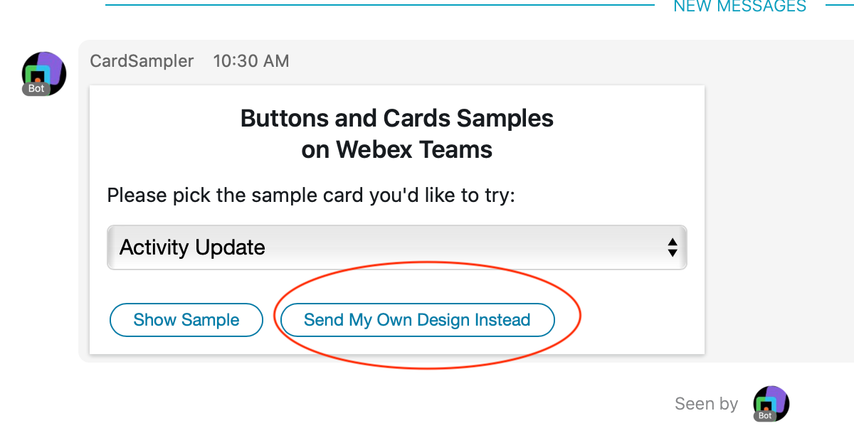 Screenshot of card with circled button