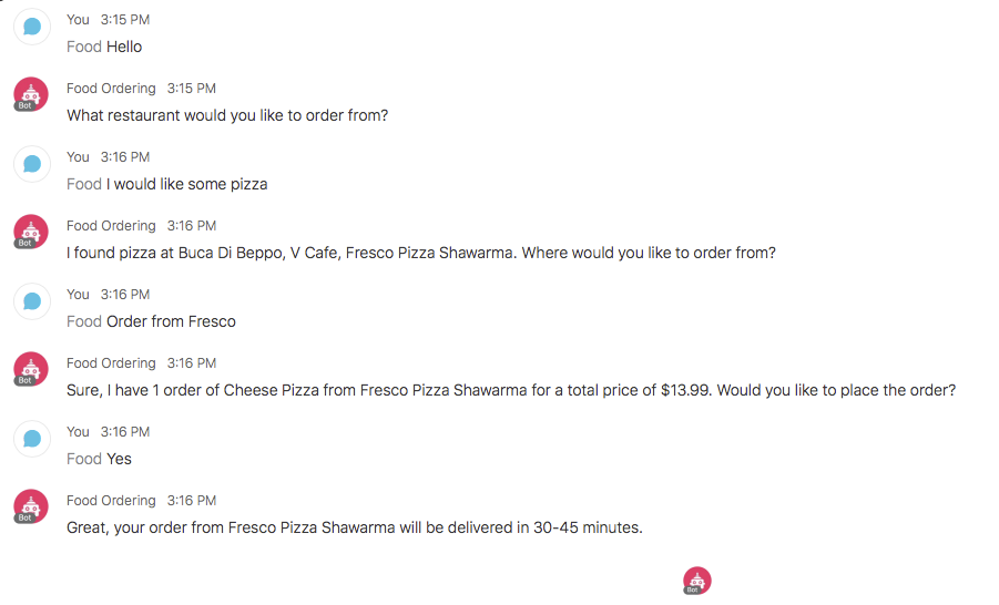 An interaction with the food-ordering bot on Webex