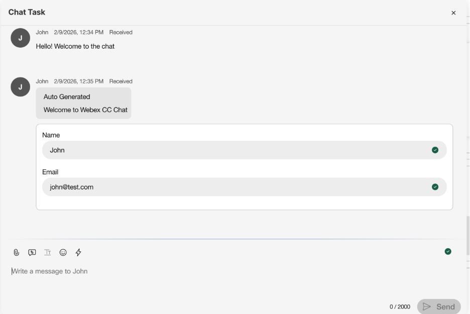 Chat interface with auto-generated welcome message and customer information
card