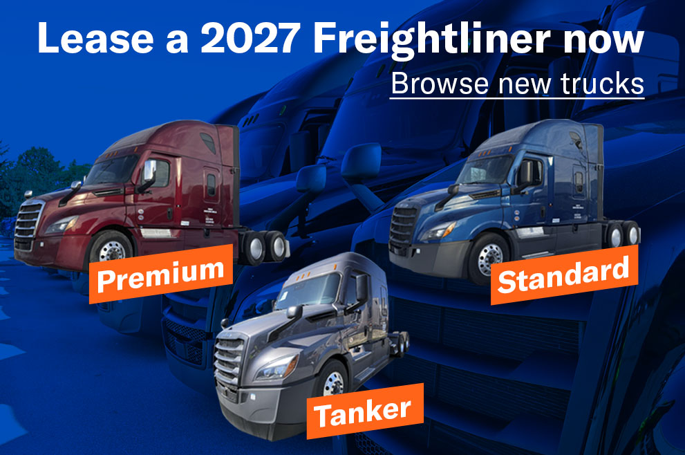 Three cutout images of 2027 Freightliner models - a Premium, Standard and Tanker with an image of a row of truck swith a blue overlay and the words "Lease a 2027 Freightliner now" and a "Browse new trucks" link
