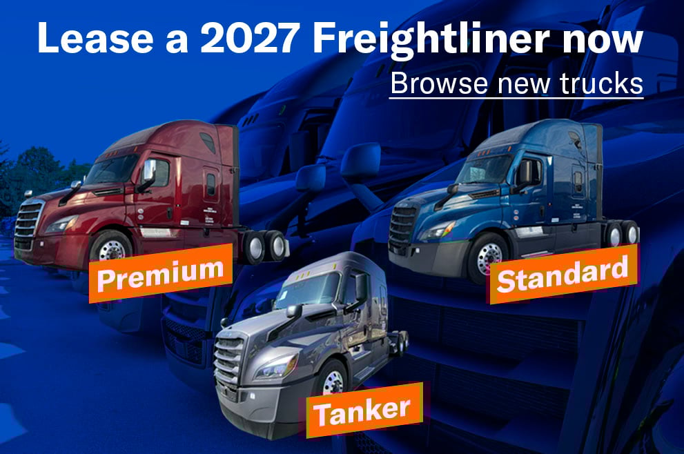 Three cutout images of 2027 Freightliner models - a Premium, Standard and Tanker with an image of a row of truck swith a blue overlay and the words "Lease a 2027 Freightliner now" and a "Browse new trucks" link