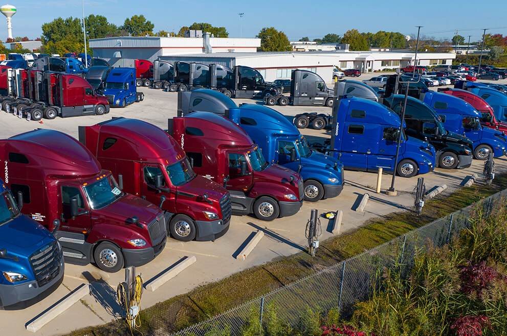 An aerial shot of SFI's lot full of Freightliner, Volvo and International trucks in Green Bay, Wisconsin