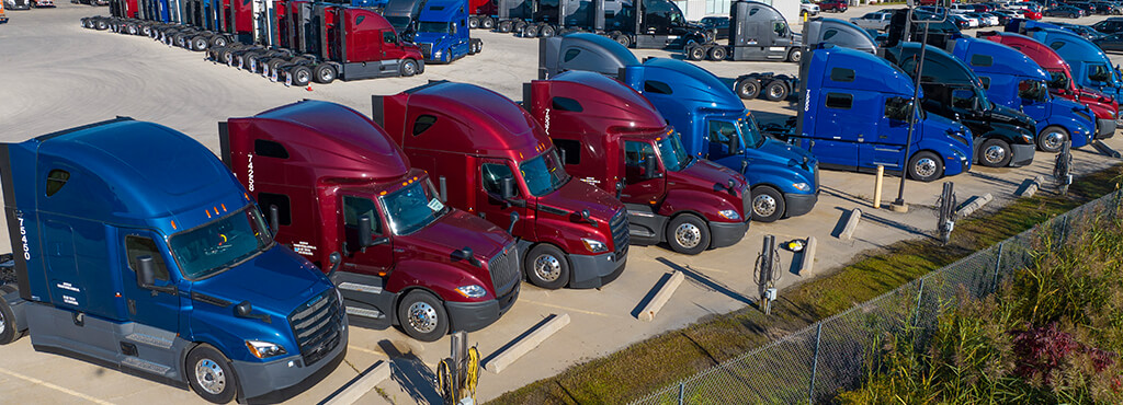 An aerial shot of SFI's lot full of Freightliner, Volvo and International trucks in Green Bay, Wisconsin