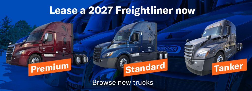Three cutout images of 2027 Freightliner models - a Premium, Standard and Tanker with an image of a row of truck swith a blue overlay and the words "Lease a 2027 Freightliner now" and a "Browse new trucks" link
