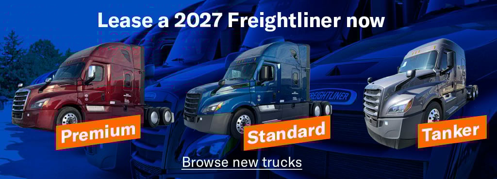Three cutout images of 2027 Freightliner models - a Premium, Standard and Tanker with an image of a row of truck swith a blue overlay and the words "Lease a 2027 Freightliner now" and a "Browse new trucks" link