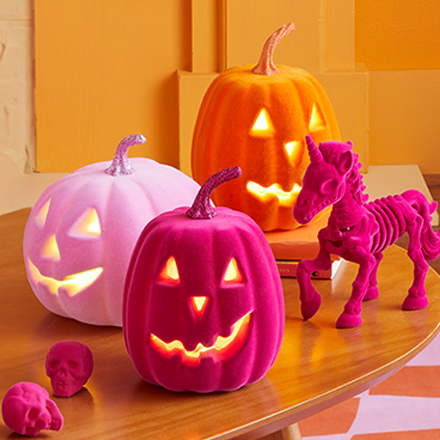 pink and orange flocked jack-o-lanterns