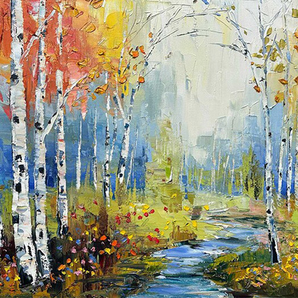 painting of a stream with fall trees