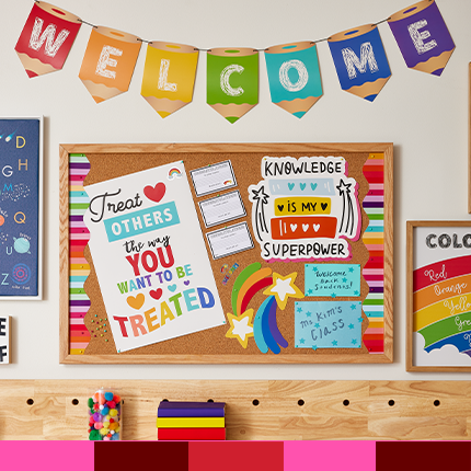 classroom bulletin board with posters and welcome sign