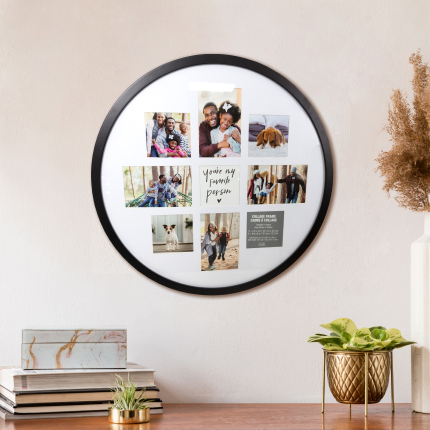 Round collage picture frame on a wall