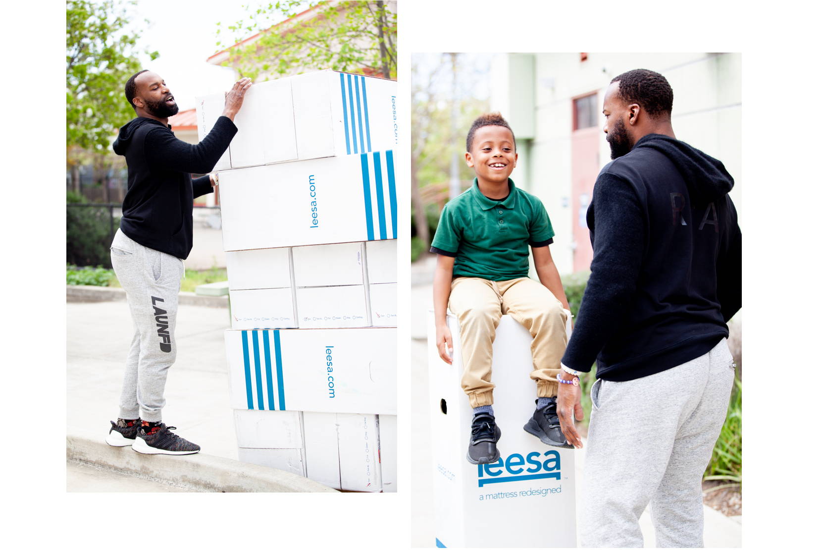 Former NBA player Baron Davis volunteering with Leesa on a mattress delivery for kids in need