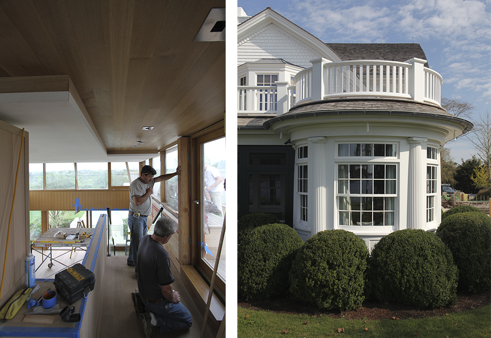 two images of the Reilly team working on a new home, viewed from the interior and exterior