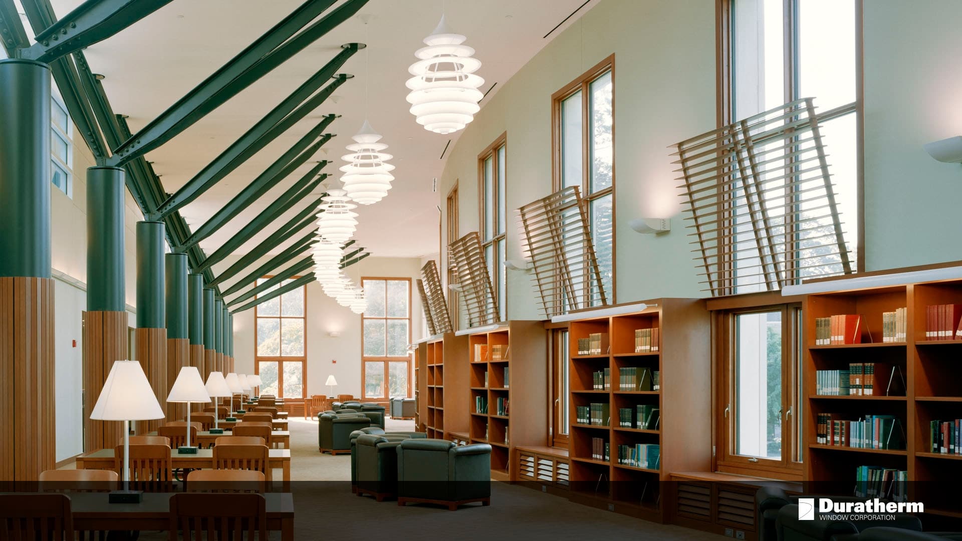 library interior with wood duratherm windows