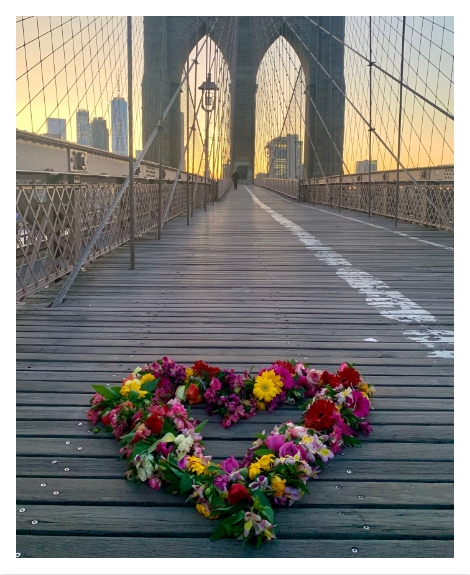 Floral Heart Project, Kristina Libby, Covid memorial, heart-shaped wreath, flowers, floral wreath, Brooklyn Bridge, blah to TADA,