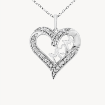 925 Sterling Silver 1/4 Cttw Diamond Engraved Mom Heart Pendant Necklace