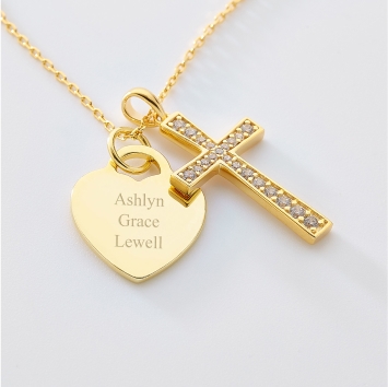 Engraved Heart and Cross Swing Gold/Sterling Silver Necklace