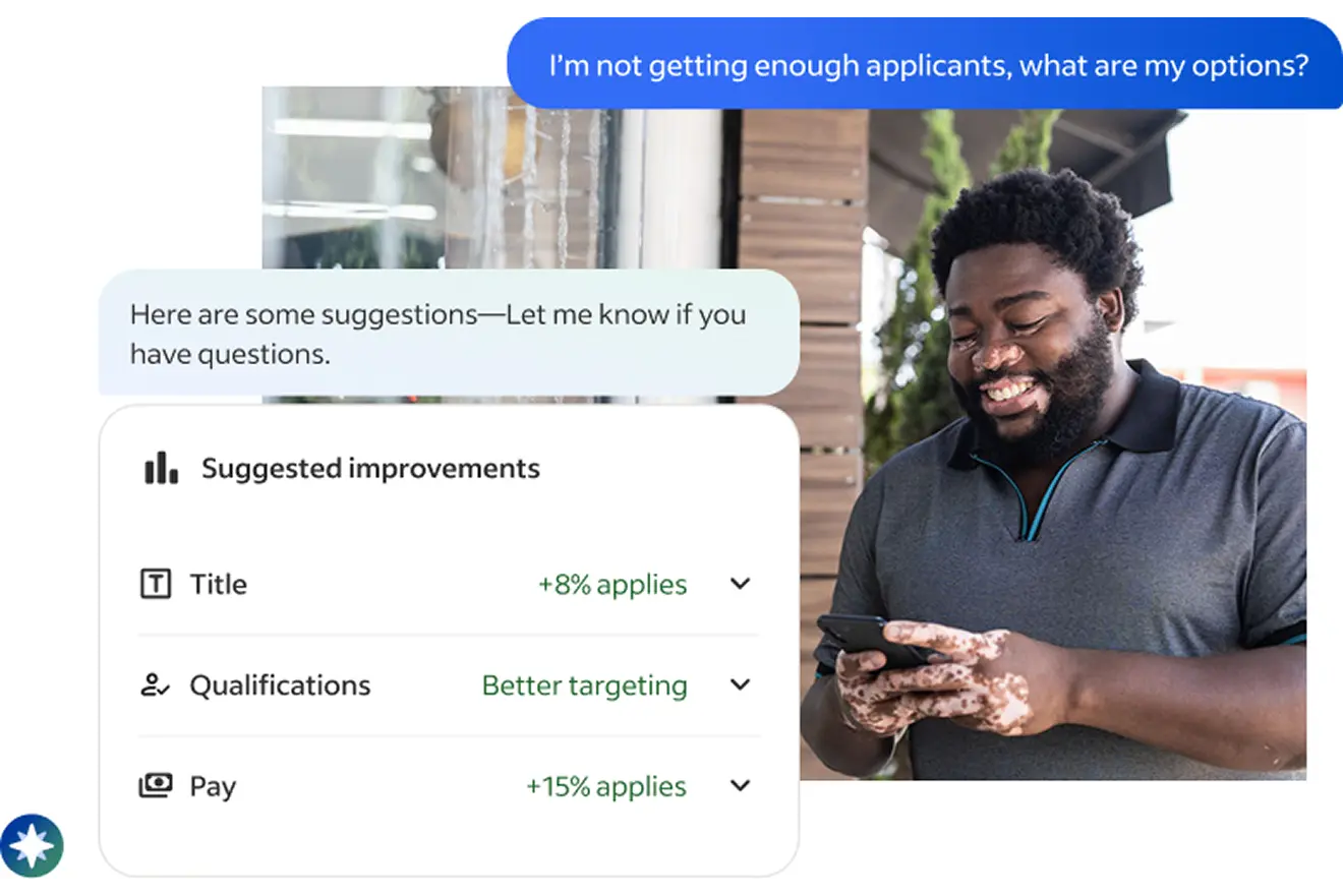 A man smiles while looking at his phone. An overlay shows a conversation with the Indeed Talent Scout AI, which has provided "Suggested improvements" for a job post's Title, Qualifications, and Pay in response to the user's question about not getting enough applicants.