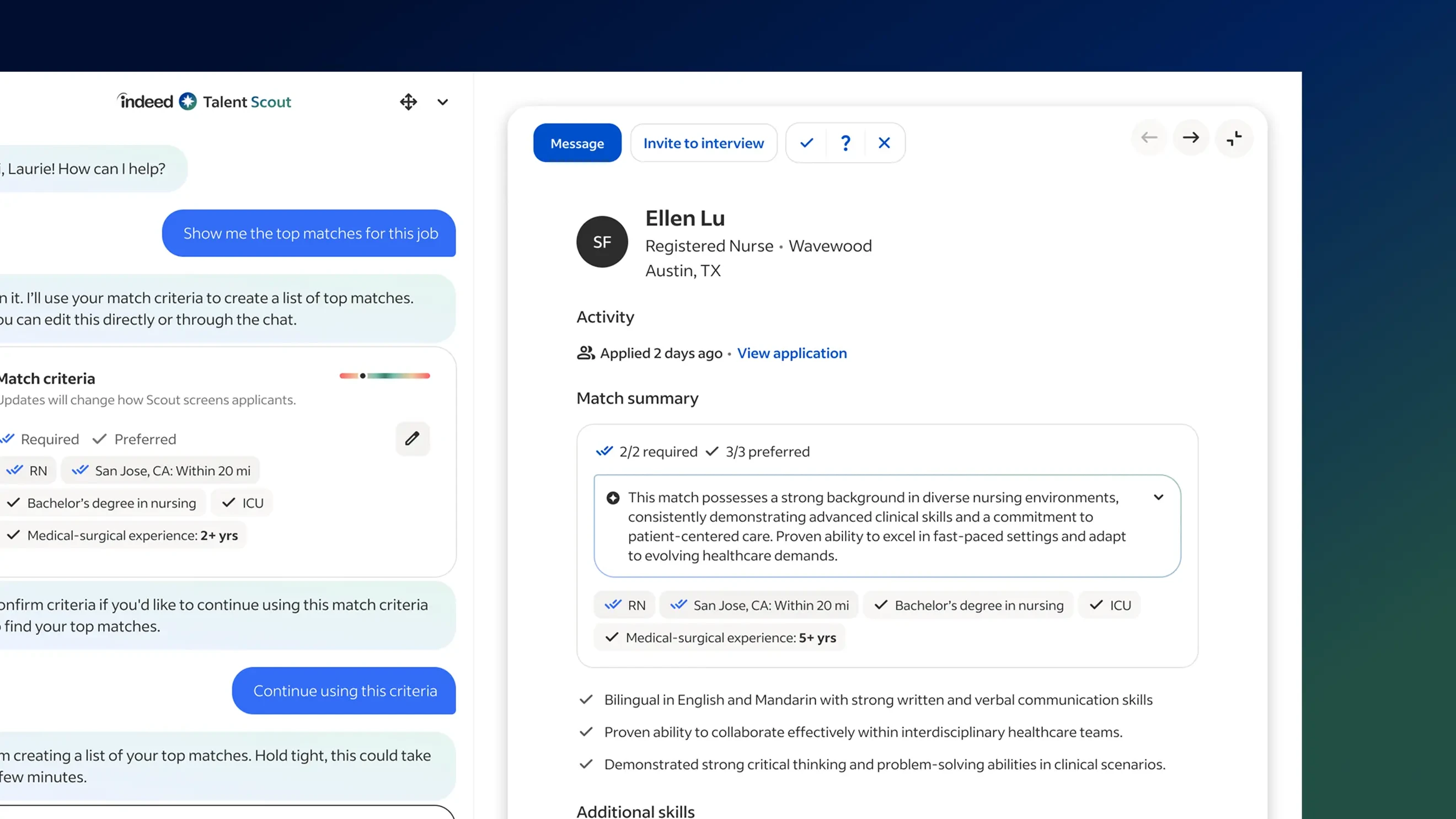 A chat interface shows Indeed Talent Scout responding to a user's request for top matches. The detailed profile for a top candidate, Ellen Lu, is displayed, highlighting her skills, a match summary, and options to message or invite her to an interview.