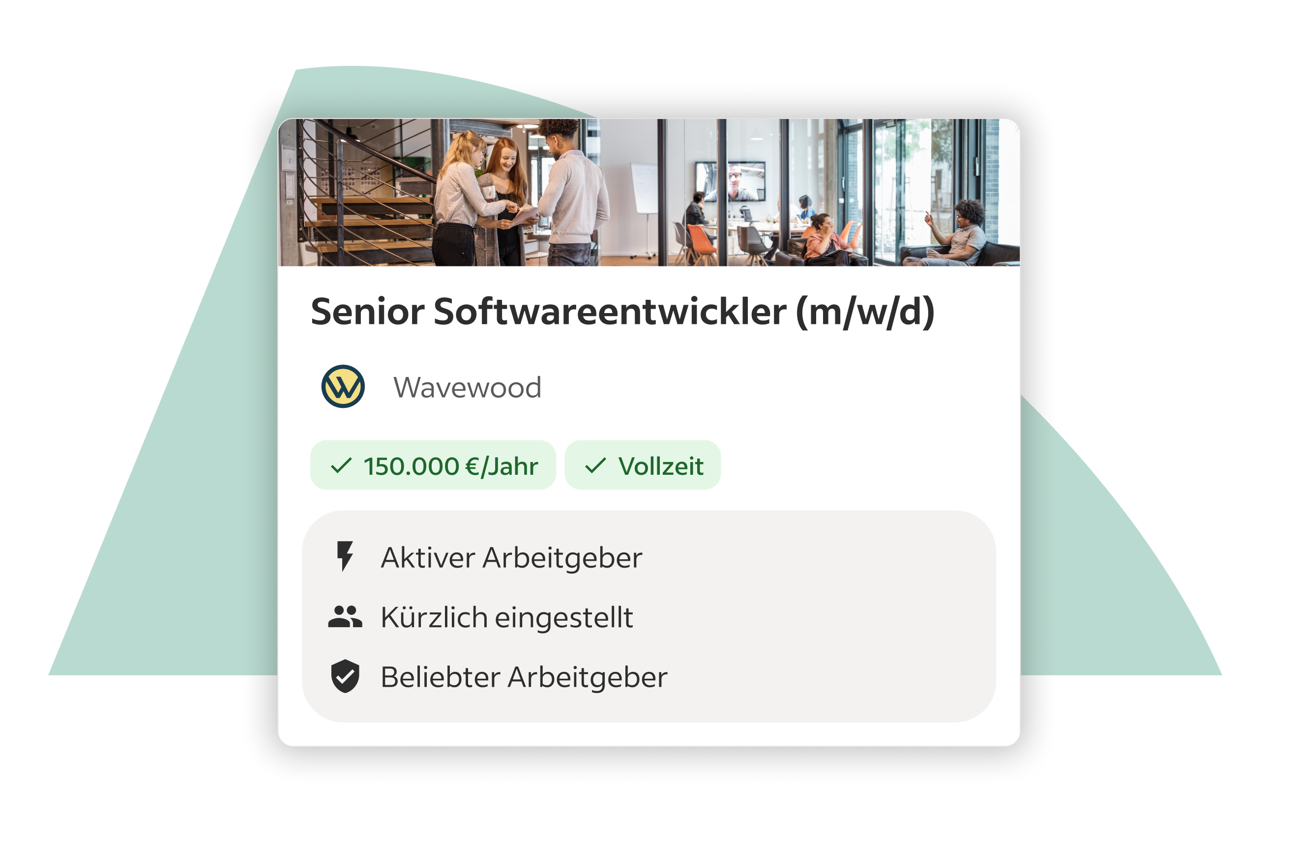 Beispiel einer Stellenanzeige von Wavewood auf Indeed mit Angaben zu Gehalt, Anstellungsart und Informationen zur Vertrauenswürdigkeit des Arbeitgebers.