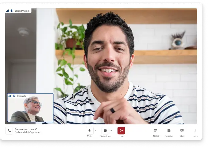 a video conferencing screen with the employer and candidate discussing the job requirements
