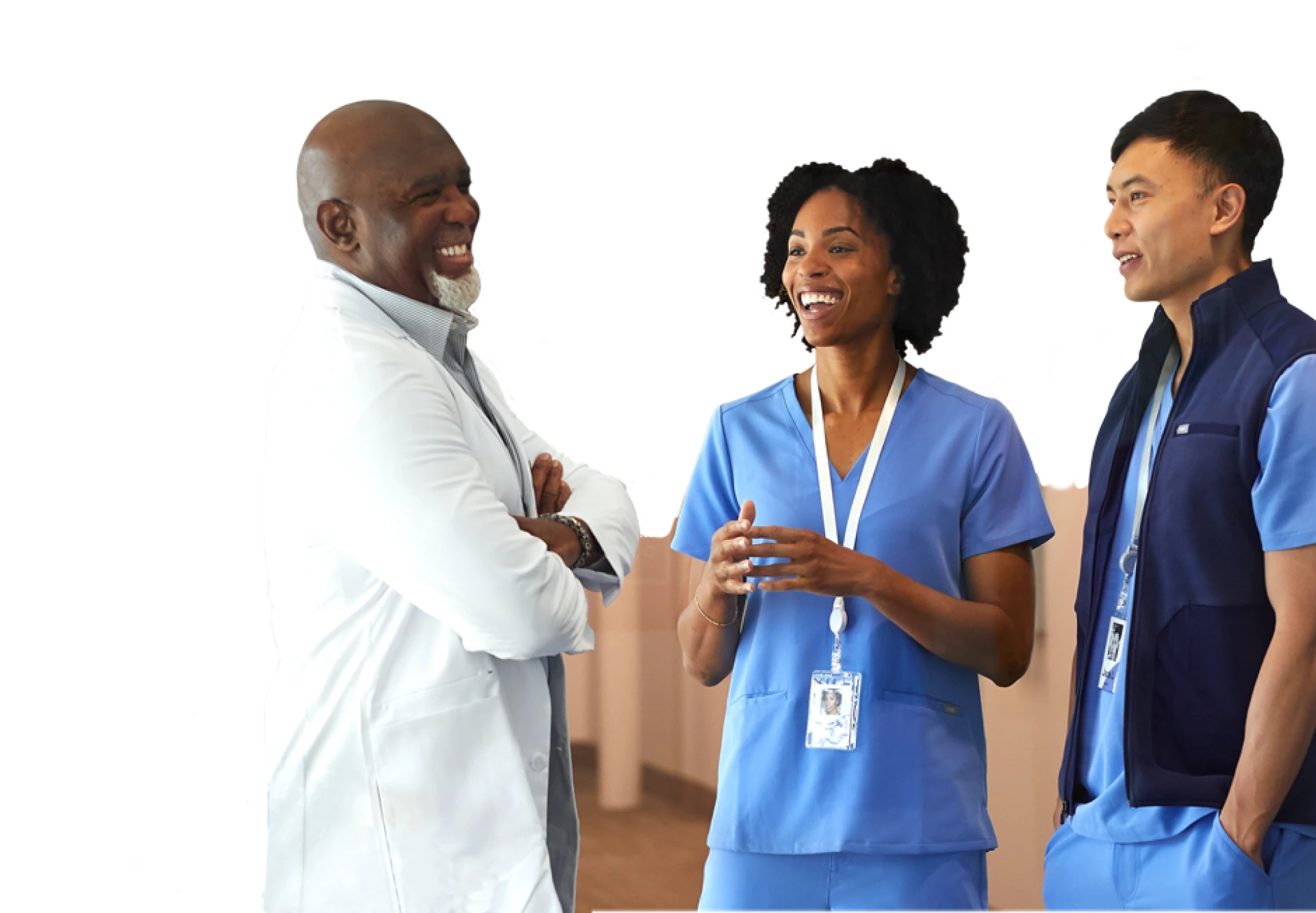 three medical professionals of color discussing their work-life, the oldest man is in a lab coat, sharing his experience with the younger professionals in scrubs