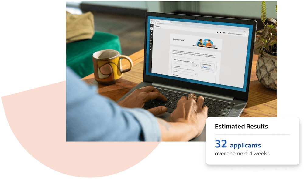 the woman’s Employer Dashboard on her laptop screen showing estimated number of applicants if she sponsors her job