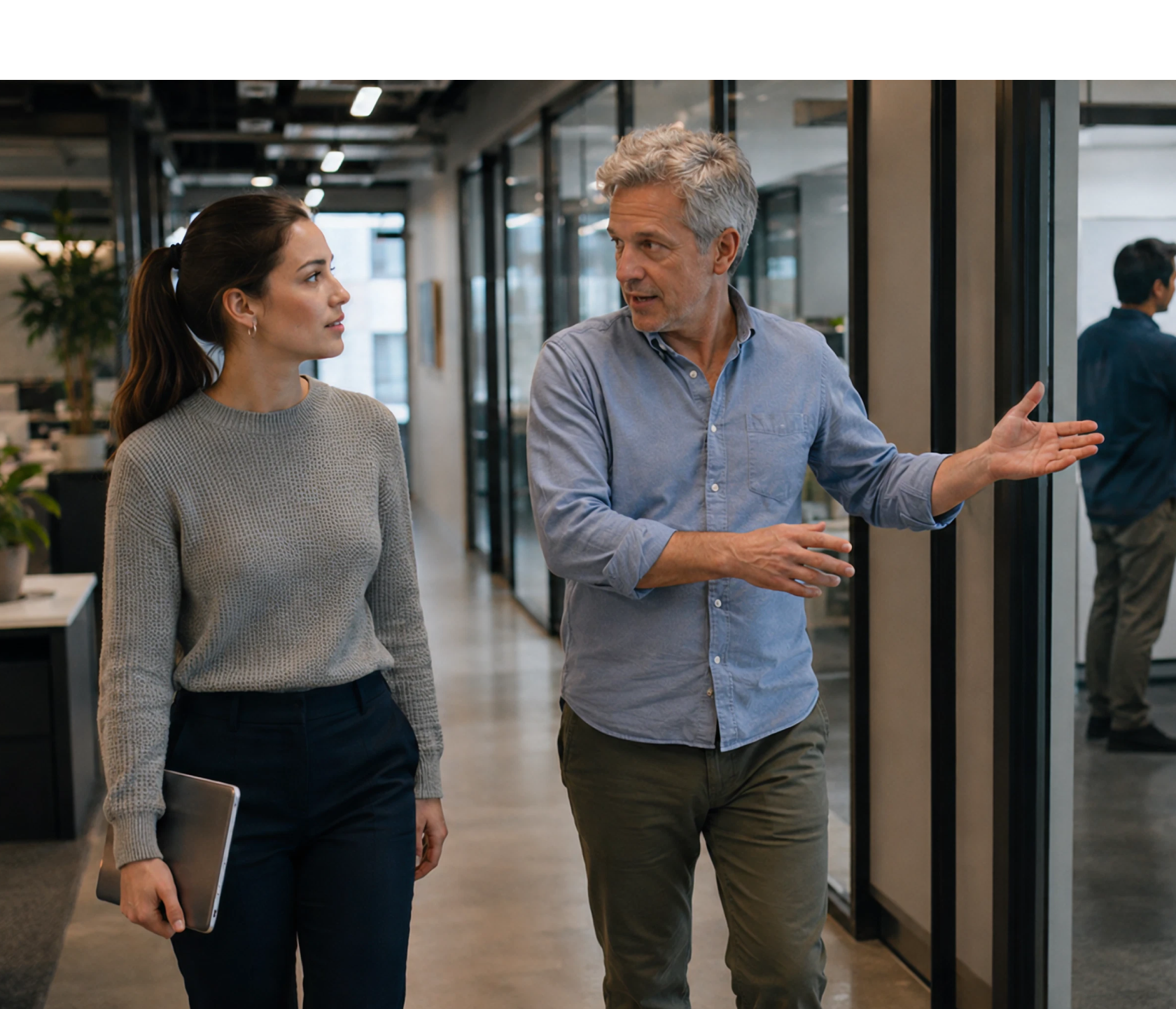 Two coworkers walking and talking in a modern office hallway.