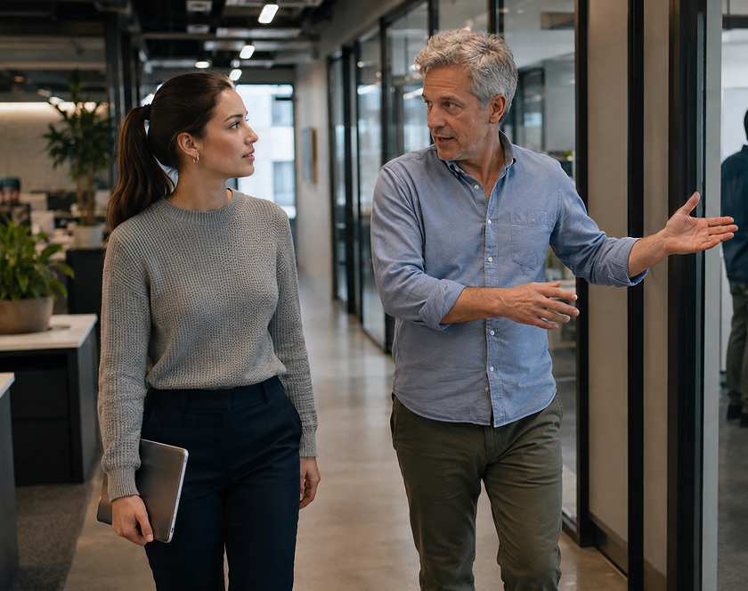 Two coworkers walking and talking in a modern office hallway.