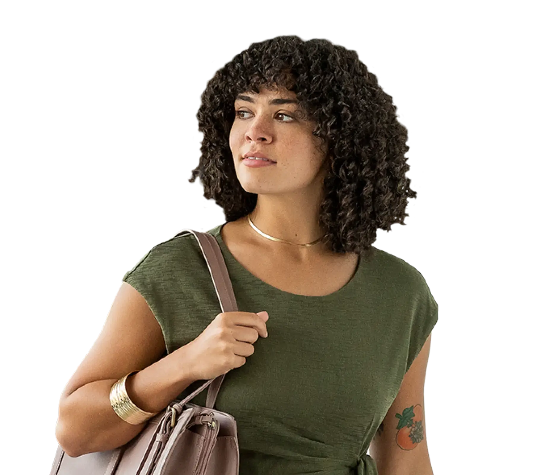 a professionally dressed woman with curly brown hair and freckles carrying a laptop bag looks forward to using her Indeed Employer Dashboard to make her next hire