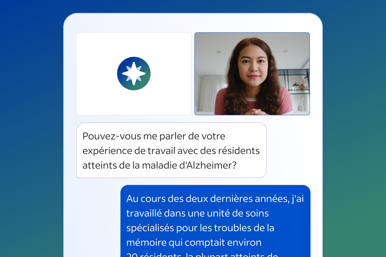 Interface utilisateur du recruteur IA. Image d'un candidat avec un échange de messages texte.