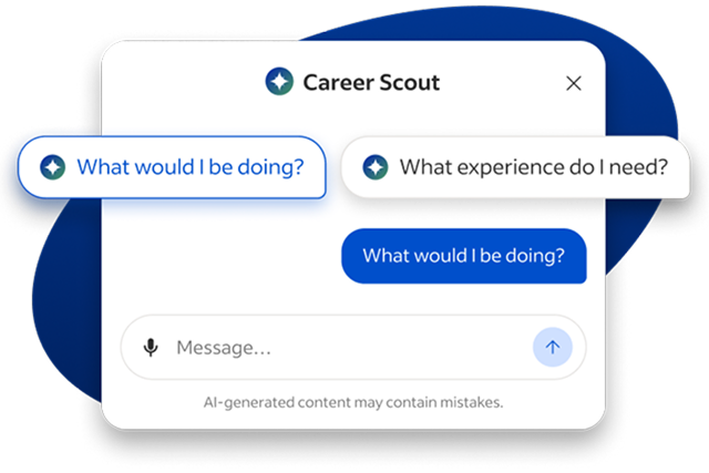 A job post for a registered nurse on Indeed. Examples of questions that Career Scout can ask you like “What would I be doing?” and “What experience do I need?” are highlighted.
